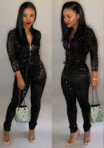 Winter Black Sequined Zip Up Long Sleeve Formal Jumpsuit