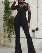 Winter Black Hollow Out Long Sleeves Bell Bottom Formal Jumpsuit