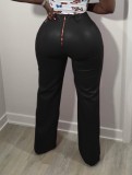Winter Black High Waist Zipped Fly Straight Leather Trousers