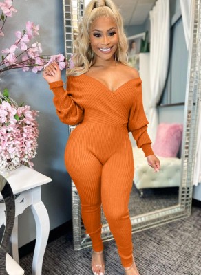 Winter Orange Sweetheart Long Sleeves Knitting Jumpsuit