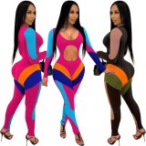 Winter Contrast Color Cut Out Long Sleeve Knitting Rib Party Jumpsuit