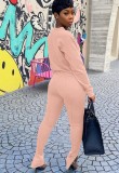 Winter Pink Casual Zippers Long Sleeve Shirt and Pants Two Piece Set