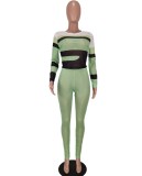 Autumn Green Mesh See Through Crop Top and Pants Two Piece Set
