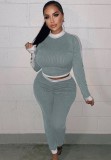 Winter Light Green Knitting Fit Crop Top and Pants Two Piece Set