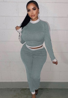 Winter Light Green Knitting Fit Crop Top and Pants Two Piece Set