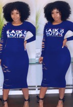 Autumn Blue Letter Print Ripped Long Bodycon Dress