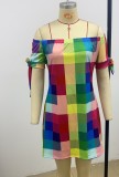 Summer Multicolor Check Printed Off Shoulder Short Sleeve Casual Midi Dress