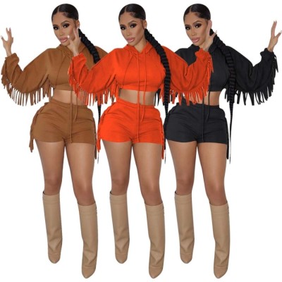 Winter Solid Brown Fringe Tassel Cropped Hoodies and Match Shorts Two Piece Set