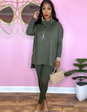 Winter Solid Green Turtleneck Long Sleeve Loose Top and Match Pants Two Piece Set