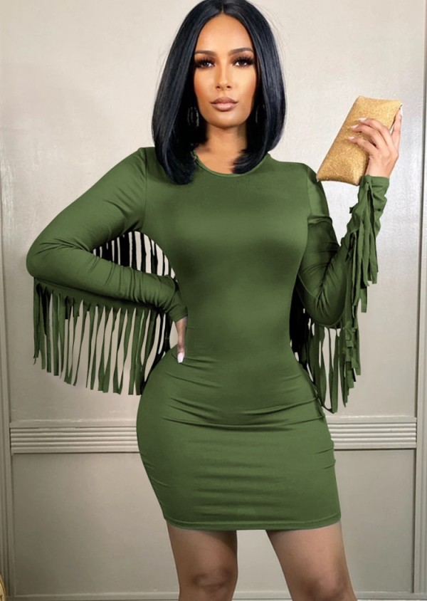 Fall Sexy Green Round Neck Tassel Long Sleeve Bodycon Dress