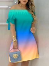 Summer Greadient Green Off Shoulder Short Sleeve Casual Midi Dress