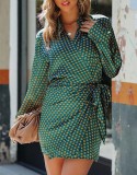 Fall Retro Green Polk Dot Turndown Collar Lace-up Casual Dress