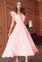 Spring Elegant Pink V-neck Ruffled Sleeve Swing Long Dress