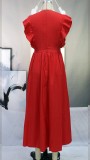Spring Elegant Red V-neck Ruffled Sleeve Swing Long Dress