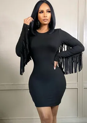 Fall Sexy Black Round Neck Tassel Long Sleeve Bodycon Dress