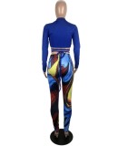 Fall Sexy Blue Turndown Collar Wrap Tied Long Sleeve Crop Top and Printed Tight Pants Set