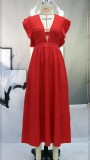 Spring Elegant Red V-neck Ruffled Sleeve Swing Long Dress