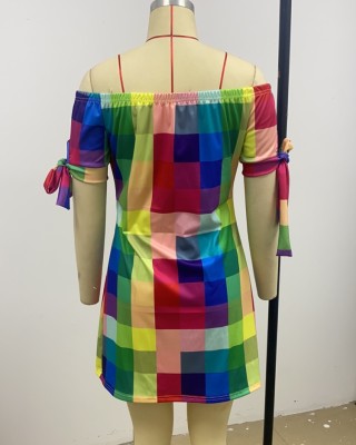 Summer Multicolor Check Printed Off Shoulder Short Sleeve Casual Midi Dress