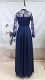 Winter Navy Blue Sequins Applique Long Sleeve Split Eveing Dress