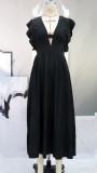 Spring Elegant Black V-neck Ruffled Sleeve Swing Long Dress