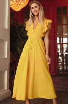 Spring Elegant Yellow V-neck Ruffled Sleeve Swing Long Dress