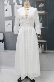 Spring White Deep V-neck Puff Half Sleeve Swing Long Dress