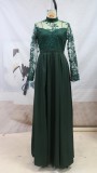 Winter Green Sequins Applique Long Sleeve Split Eveing Dress