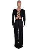 Winter Black Plunge Neck Back Lace-up Long Sleeve Crop Top and Loose Pants Two Piece Set