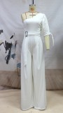 Fall Elegant White Puff Short Sleeve One Shoulder Loose Formal Jumpsuit with Belt
