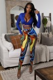 Fall Sexy Blue Turndown Collar Wrap Tied Long Sleeve Crop Top and Printed Tight Pants Set