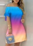 Summer Greadient Blue Off Shoulder Short Sleeve Casual Midi Dress