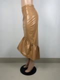 Winter Sexy Khaki PU Leather Ruffled Mermaid Long Skirt