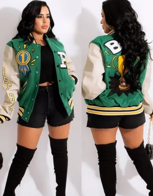 Fall Trendy Green Printed Oversize Baseball Jacket