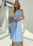 Spring Elegant Blue V-neck Ruffled Sleeve Swing Long Dress