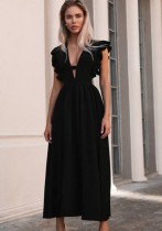Spring Elegant Black V-neck Ruffled Sleeve Swing Long Dress