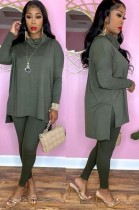 Winter Solid Green Turtleneck Long Sleeve Loose Top and Match Pants Two Piece Set