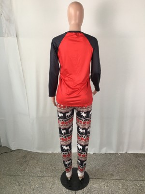 Christmas Women Red Print Long Sleeve Top And Print Pant Pajama Two Piece Set