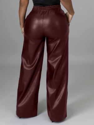 Winter Casual Red Pu Leather Loose Pant