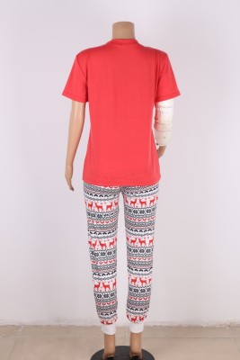 Chiristmas Red Print Round Neck Short Sleeve Top And Print Pant Pajama Two Piece Set