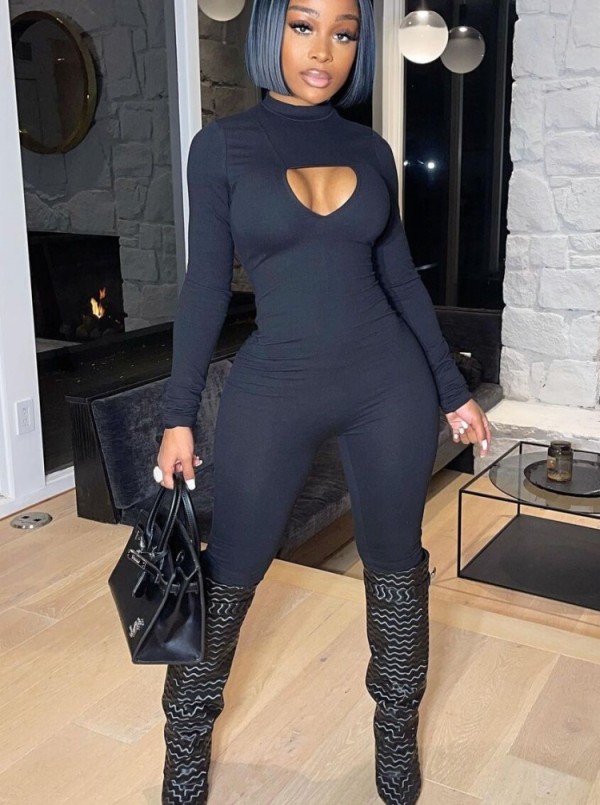 Winter Sexy Black Cut Out High Collar Long Sleeve Jumpsuit