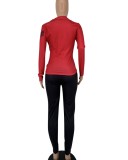 Winter Casual Red Print Zipper Turndown Collar Long Sleeve Top And Pant Tracksuit