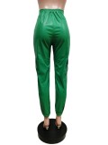 Winter Green Leather High Waist Zipper Pants