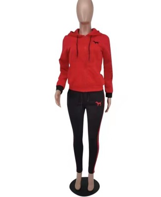 Winter Sport Red Zipper Hoody Long Sleeve Top And Stripe Pant Tracksuit