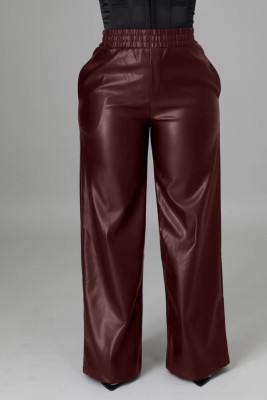 Winter Casual Red Pu Leather Loose Pant