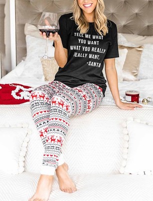 Chiristmas Black Print Round Neck Short Sleeve Top And Print Pant Pajama Two Piece Set