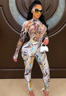 Winter Sexy Print High Collar Long Sleeve Jumpsuit