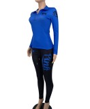 Winter Casual Blue Print Zipper Turndown Collar Long Sleeve Top And Pant Tracksuit