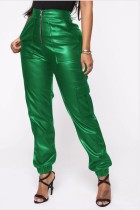 Winter Green Leather High Waist Zipper Pants