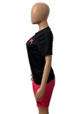 Summer Casual Black Print Round Neck Short Sleeve Top And Pink Shorts Two Piece Set
