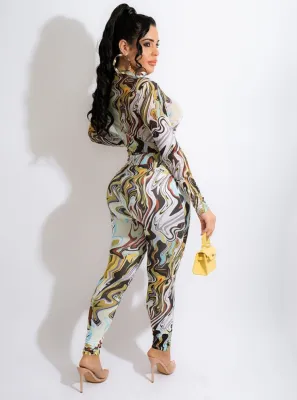 Winter Sexy Print High Collar Long Sleeve Jumpsuit